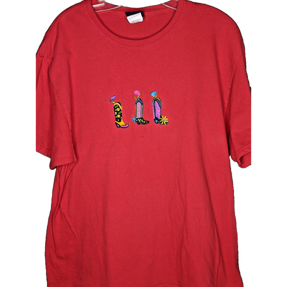 Western Red T-Shirt Women's 2XL Embroidered Cowgirl Boots Bright READ - Picture 1 of 6